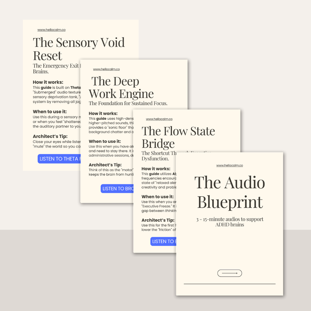 Collection of digital product pages from the audio blue print with titles and descriptions on a light gray background