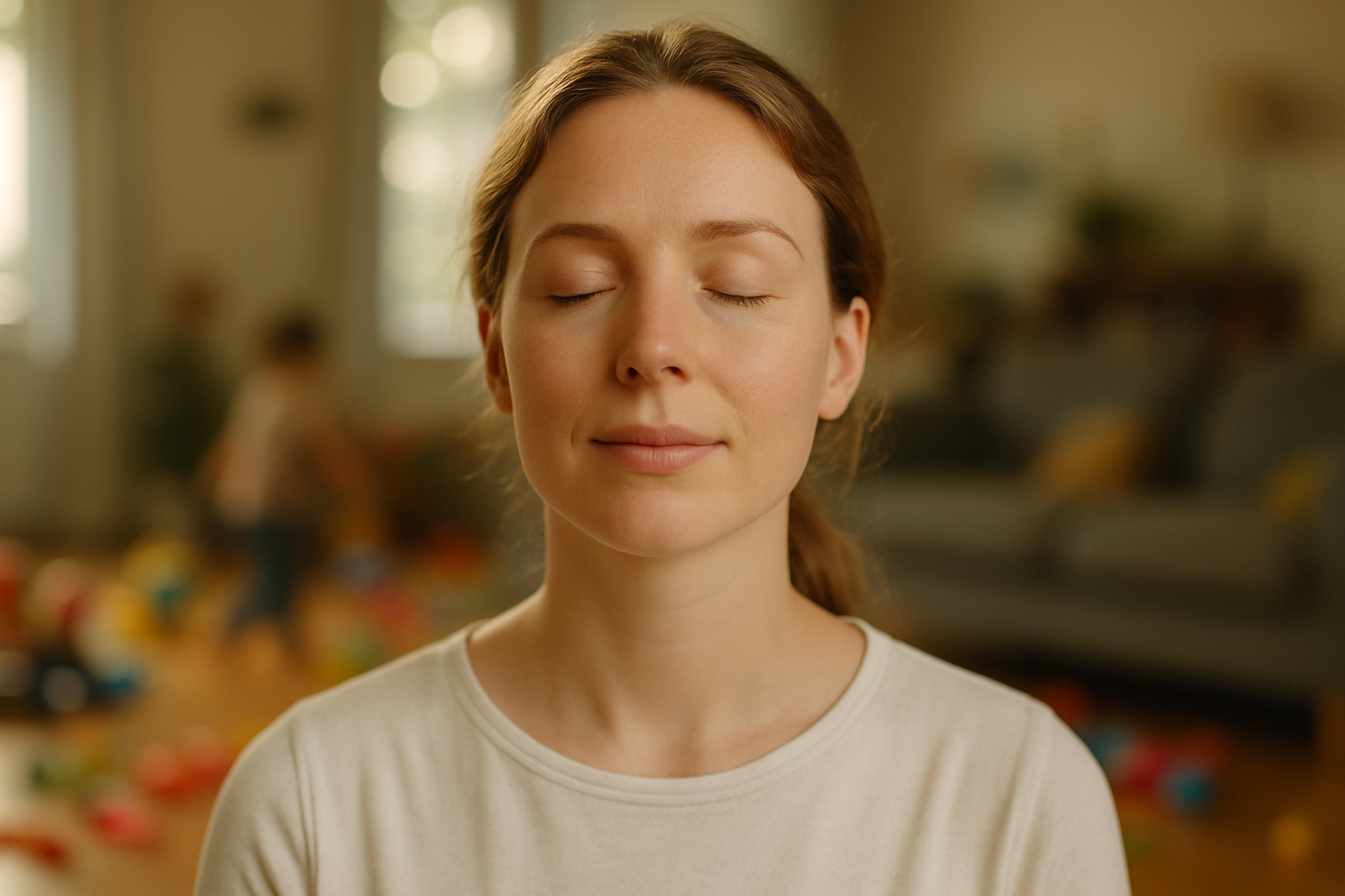 Woman with eyes softly closed in a softly lit room with blurred overstimulating background