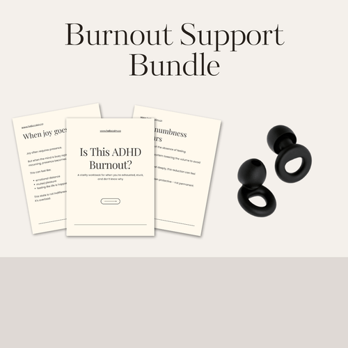 Burnout Support Bundle with brochures and black stress balls on a white background