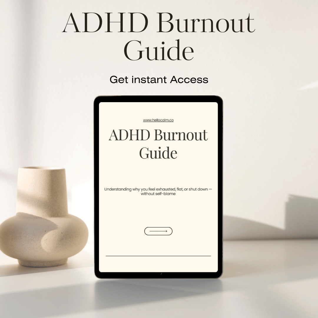 Digital display of 'ADHD Burnout Guide' on a tablet with a vase in the background