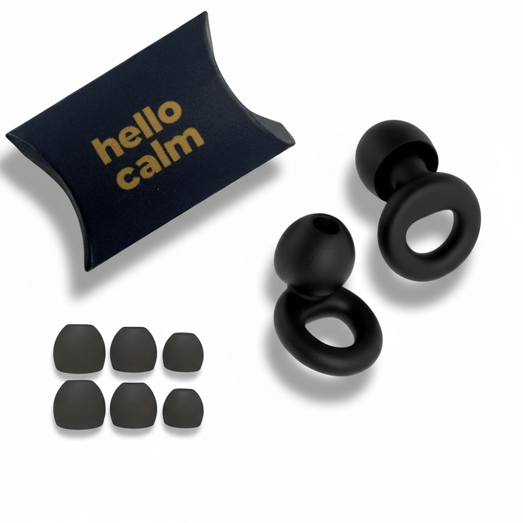 hello calm ADHD earplugs, Travel container and multiple ear tip sizes