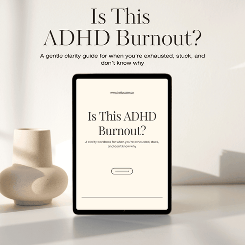 Tablet displaying an eBook titled 'Is This ADHD Burnout?' on a white surface with a vase.