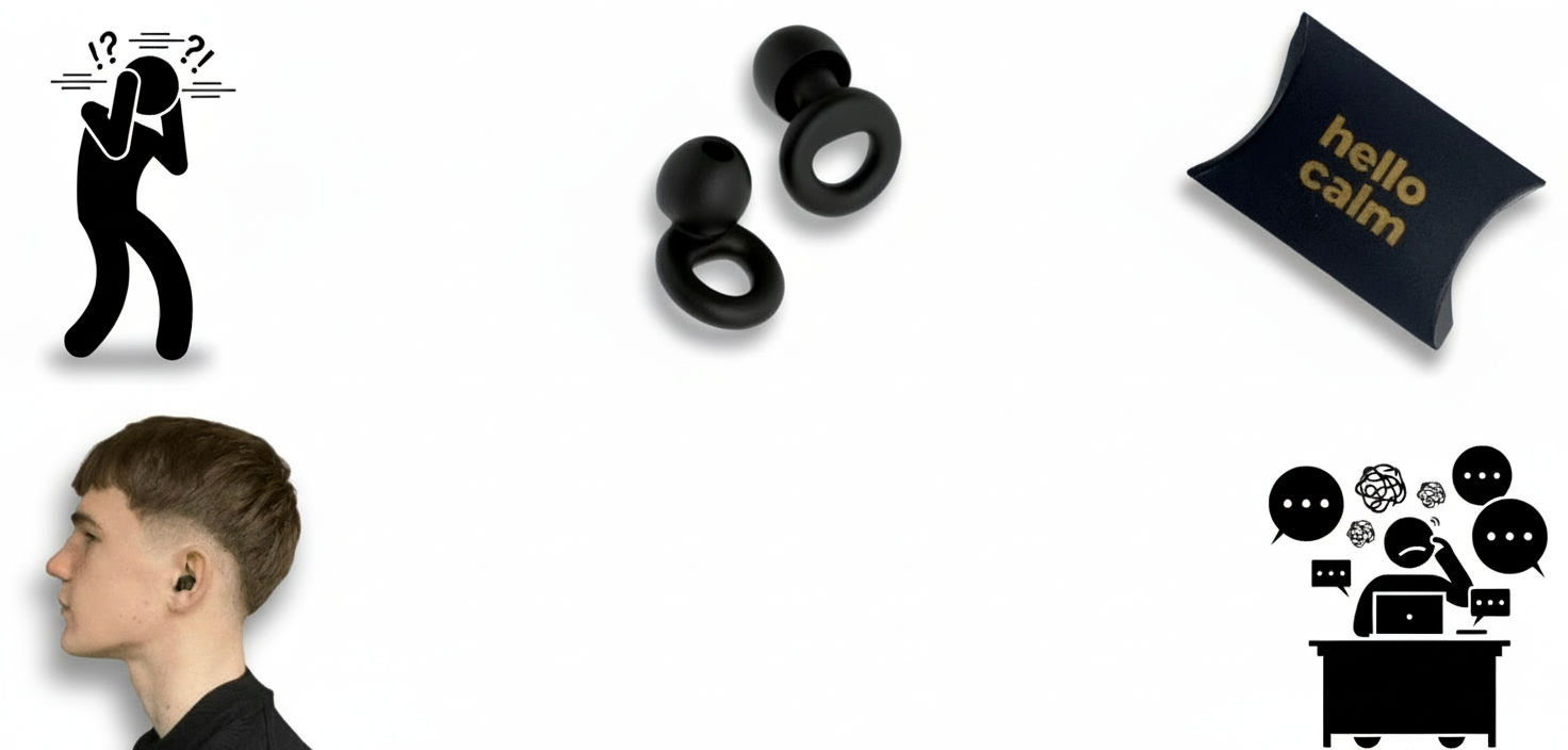 a white background with icons for hello calm ADHD earplugs, for sensory regulation