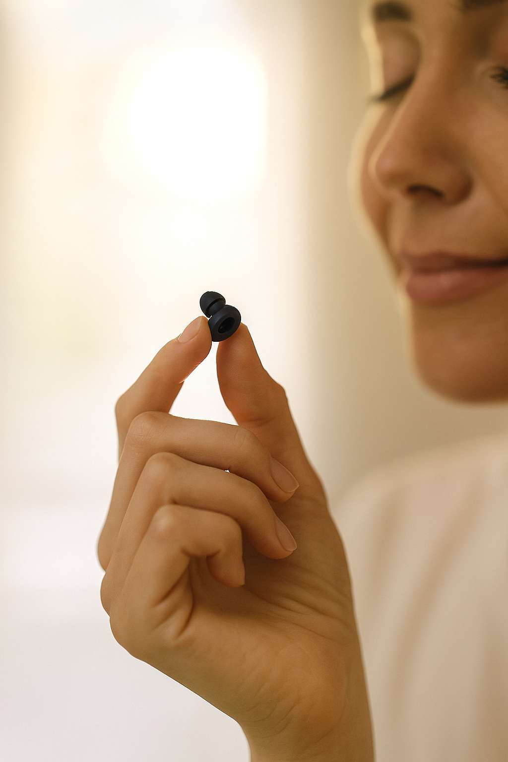 a women holding hello calm precision plugs in her hand