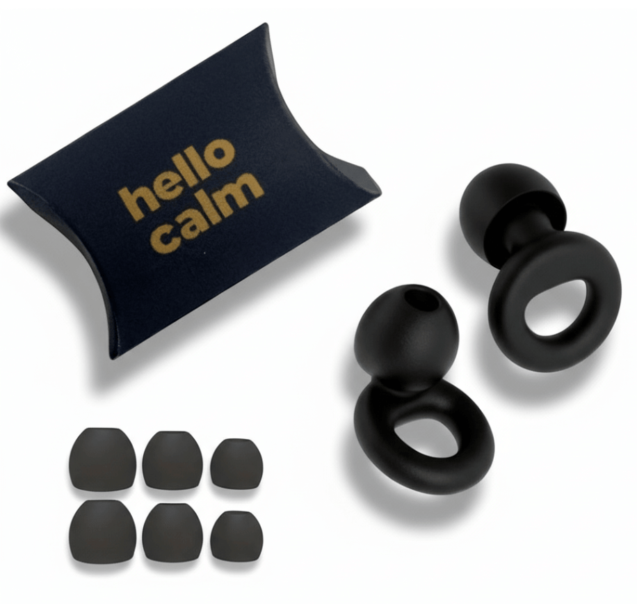 hello calm sound reducing earplugs, multiple tip sizes and travel case