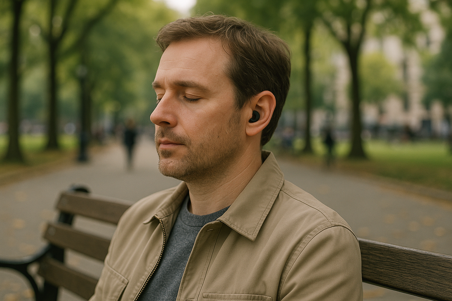 Man sitting on a bench in a park with trees and blurred people in the background
