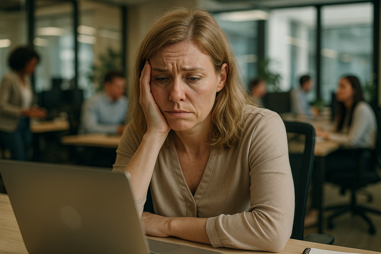 Woman with a concerned expression in an busy, draining office setting, looking at a laptop without hello calm sound filtering earplugs
